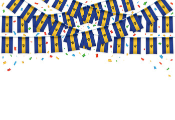 Barbados flag garland white background with confetti, Hanging bunting for Barbadian Independence Day celebration template banner, Vector illustration