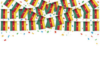 Cameroon flag garland white background with confetti, Hanging bunting for Cameroonian Independence Day celebration template banner, Vector illustration