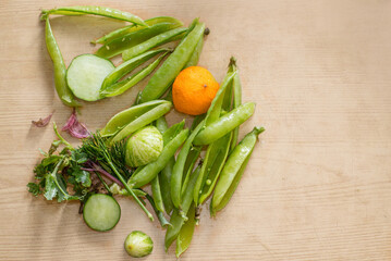 Sorted organic kitchen waste for compost. Sustainable life style concept. Vegetable, fruit peels, scraps from food preparation collected for recycling, humus and natural compost fertilizer.