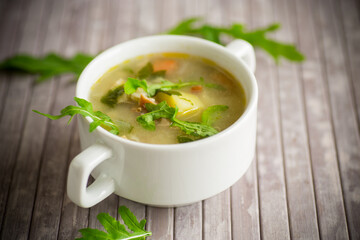 summer light soup with oatmeal and arugula in a plate