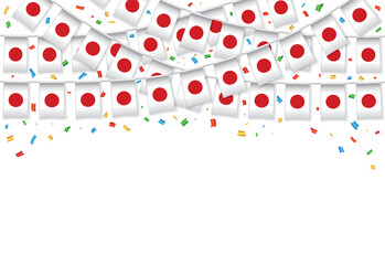 Japan flag garland white background with confetti, Hang bunting for japanese independence Day celebration template banner, Vector illustration