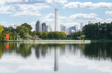 Reflection on the water surface of Beijing CBD buildings