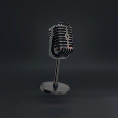 Black retro microphone floating on a black background, 3d render