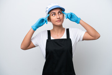 Fishwife woman isolated on white background having doubts and thinking