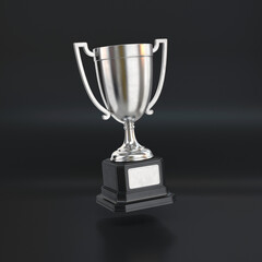 Silver trophy cup floating on a black background, 3d render