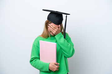 Young university graduate woman isolated on white background with tired and sick expression