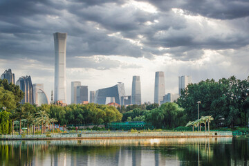 Cloudy sky and dark clouds in Beijing International Trade CBD building complex