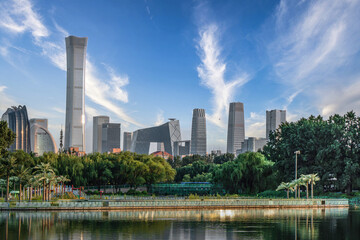 Fototapeta na wymiar Reflection on the water surface of Beijing Guomao CBD buildings