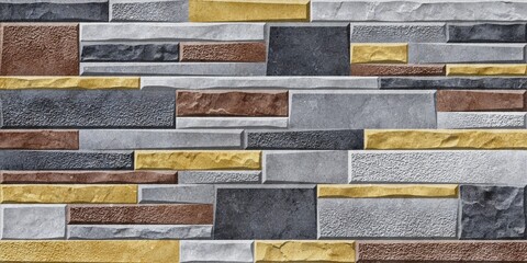 Roughly textured stone cladding tiled wall in grey and yellow colours background
