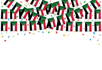 Naklejka premium Sudan flags garland white background with confetti, Hang bunting for Sudan independence Day celebration template banner, Vector illustration