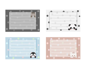 Cartoon cute little animal sticky notes. Memo, sticker, label empty for text. Little animal to do list card. Isolated on white background, vector, illustration, EPS10