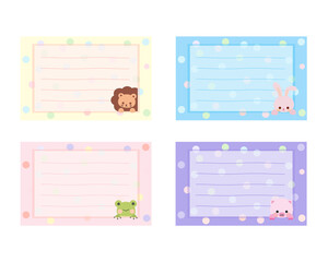 Cartoon cute little animal sticky notes. Memo, sticker, label empty for text. Little animal to do list card. Isolated on white background, vector, illustration, EPS10