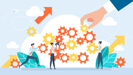 Teamwork. Various gears. The concept of departmental cooperation. A businessman holds gear in his hand. Tiny people make up a well-coordinated mechanism of business. Flat design. Illustration. - obrazy, fototapety, plakaty