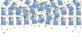 Uruguay flags garland white background with confetti, Hanging bunting for Independence Day celebration template banner, Vector illustration