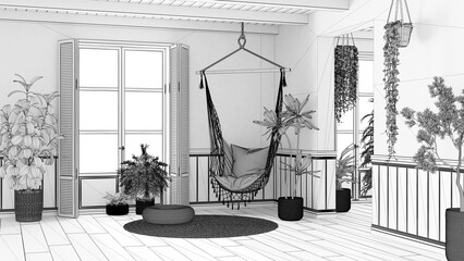 Blueprint unfinished project draft, farmhouse living room in Boho style, potted plants and lace hanging chair. Window with shutters and parquet. Bohemian interior design, boho style