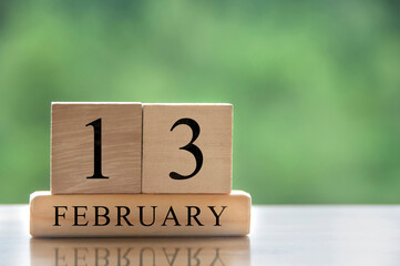 February 13 calendar date text on wooden blocks with customizable space for text or ideas. Copy space