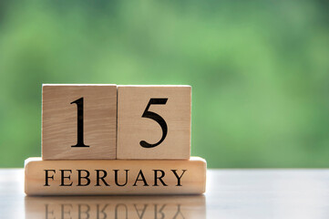 February 15 calendar date text on wooden blocks with customizable space for text or ideas. Copy space