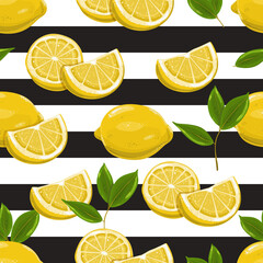 Seamless pattern with lemons. Lemons with branches. Striped background. Template for printing design, packaging, wallpaper, web design.