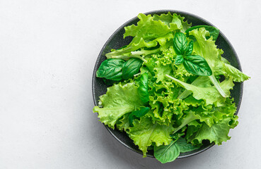 A mixture of healthy greens in a plate on a gray background. Diet food. Top view, copy space.