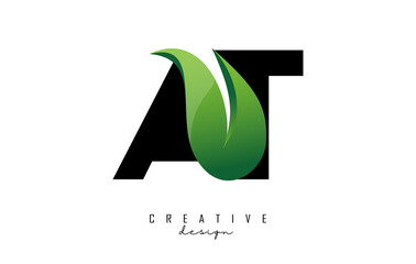 Vector illustration of abstract letters AT a t with leaf, eco, natural design. Letter logo with creative cut and shape.