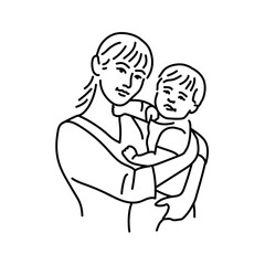Cute asian mother with baby color line illustration
