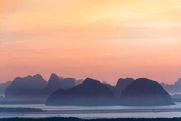 Beautiful new unseen view point of Samed Nang Chee Bay, , twilight sky in the morning, Samet Nangshe Viewpoint, Ao Phang Nga National Park, Thailand.