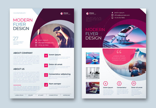 Flyer Layout with Purple Dynamic Elements and Pink Accents