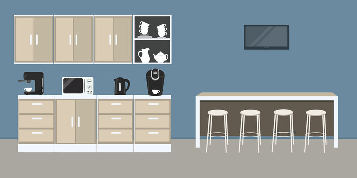 Office Kitchen. Break Room. Dining Room In The Office. There Are Kitchen Cabinets, A Table, Chairs, A Microwave, A Black Kettle, TV And A Coffee Machine In The Picture. Vector Illustration