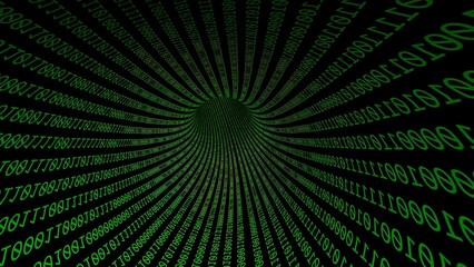 Illustration of a tunnel composed of green binary codes tilted upward on a black background