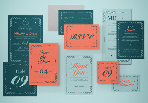 Green Modern Design Wedding Invitation Set Layout