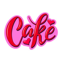 Cake.  Pink volume letters with hearts on white background. Vector hand lettering.Logo for bakery desserts sweet products packaging cupcakes pastry confectionary. Simple creative calligraphy