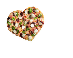 Red berry heart-shaped pizza with basil - Wood background