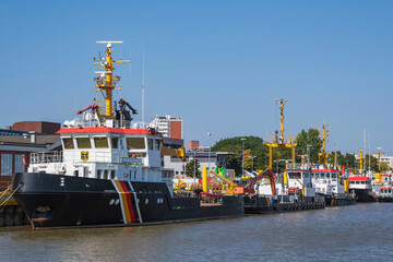 View of pilot boats in the mouth of the Geeste and the Weser in Bremerhaven/Germany