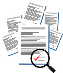 stack of document paper with magnifying glass