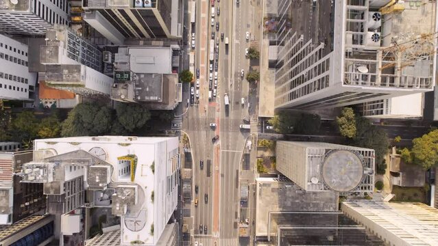 Aerial view of Avenida Paulista (Paulista Avenue) in Sao Paulo city, Brazil. Cinematic 4K