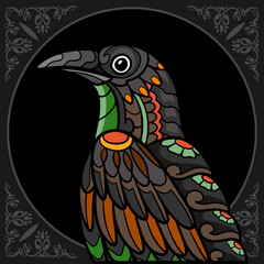 Colorful crow bird zentangle arts isolated on black background