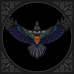 Colorful crow bird zentangle arts isolated on black background