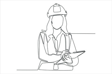 Continuous one line drawing female construction engineer in safety helmet happy to write report. Modern woman concept. Single line draw design vector graphic illustration.