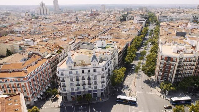 Aerial view of the city of Madrid, Spain. Cinematic 4K