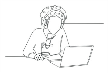 Continuous one line drawing Happy cheerful young woman in headphones, laptop and professional microphone recording audio podcast for radio. Modern woman concept. Vector illustration.