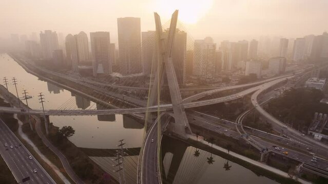 Octavio Frias de Oliveira Bridge in Sao Paulo, Brazil, South America. Cinematic 4K