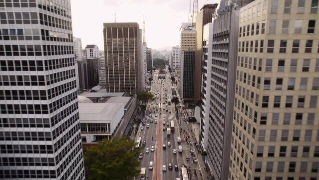 Aerial view of Avenida Paulista (Paulista Avenue) in Sao Paulo city, Brazil. Cinematic 4K