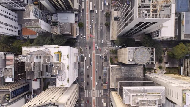 Aerial view of Avenida Paulista (Paulista Avenue) in Sao Paulo city, Brazil. Cinematic 4K