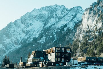Lodge at Alta ski resort in the mountains. Utah. - obrazy, fototapety, plakaty