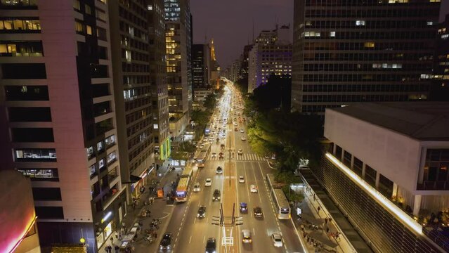 Aerial view of Avenida Paulista (Paulista Avenue) in Sao Paulo city, Brazil at night. Cinematic 4K