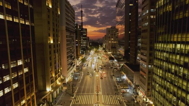 Aerial view of Avenida Paulista (Paulista Avenue) in Sao Paulo city, Brazil at night. Cinematic 4K