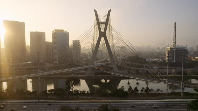 Octavio Frias de Oliveira Bridge in Sao Paulo, Brazil, South America. Cinematic 4K