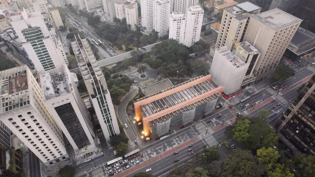 Aerial view of Avenida Paulista (Paulista Avenue) and MASP in Sao Paulo city, Brazil. Cinematic 4K