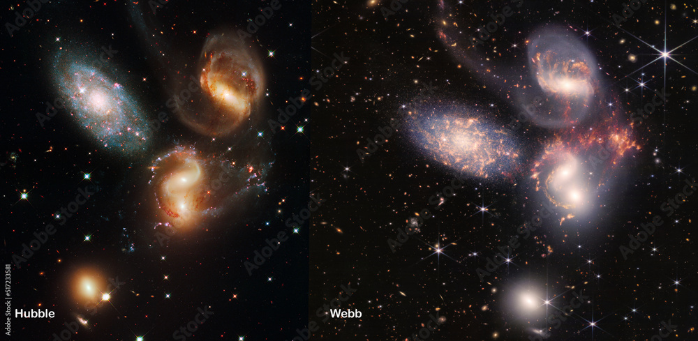Wall mural webb and hubble telescopes side-by-side comparisons visual gains. stephan’s quintet galaxies in cons