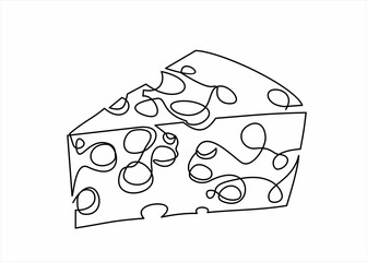 Cheese in continuous line art drawing style. Piece of cut Cheese with holes. Minimalist black linear sketch isolated on white background. Vector illustration